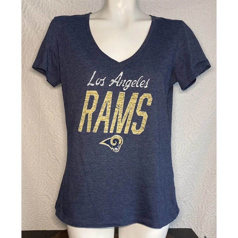 Los Angeles Rams Women T-Shirt Large Navy Blue Logo Graphic Short Sleeve V Neck